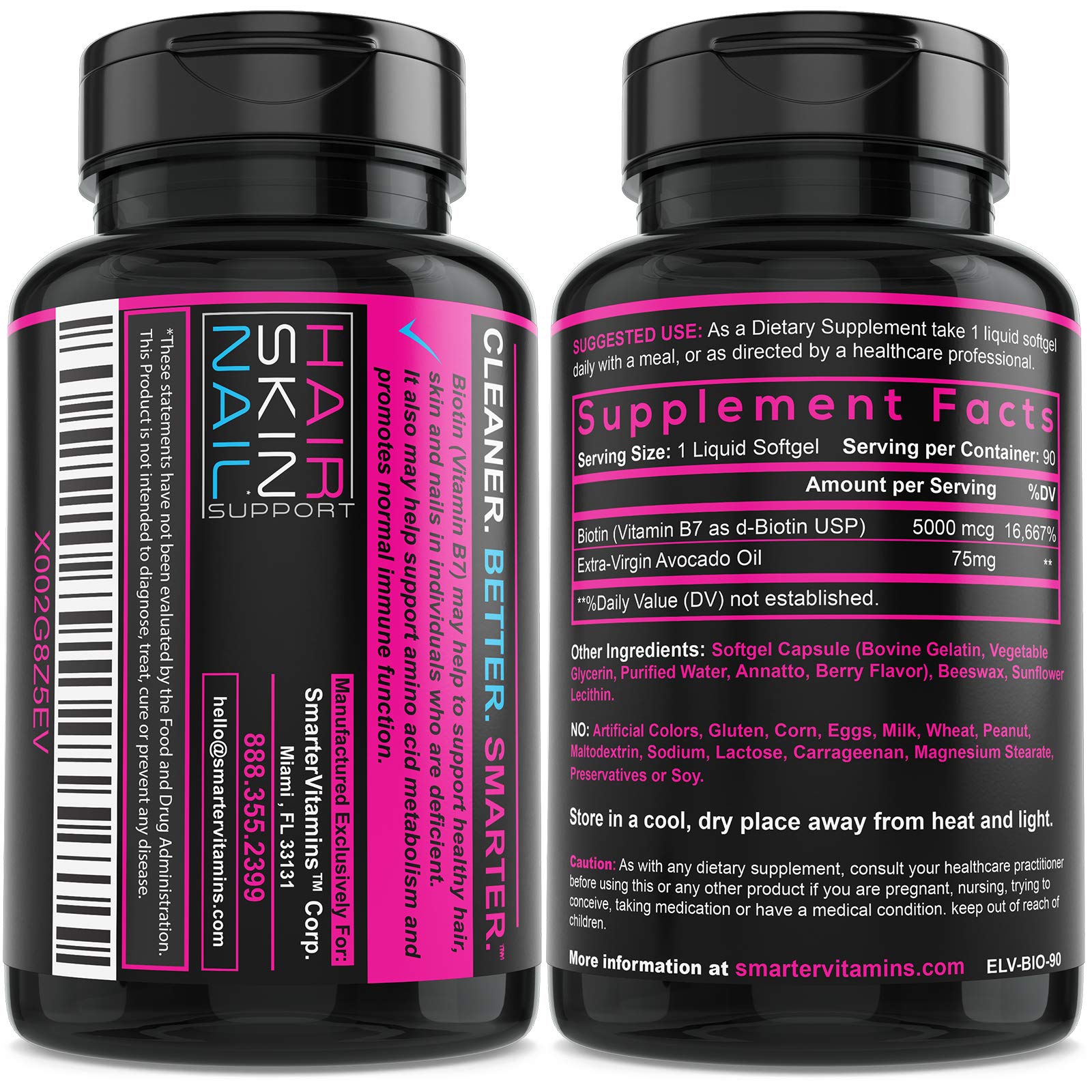 Front of SmarterVitamins Biotin Avocado Oil package emphasizing quality.