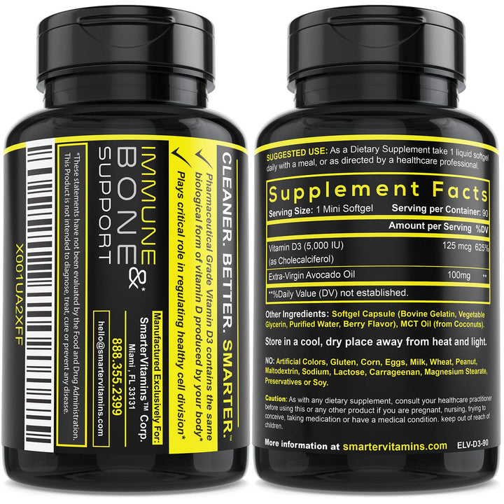 SmarterVitamins D3 label detail highlights ingredients and certifications.