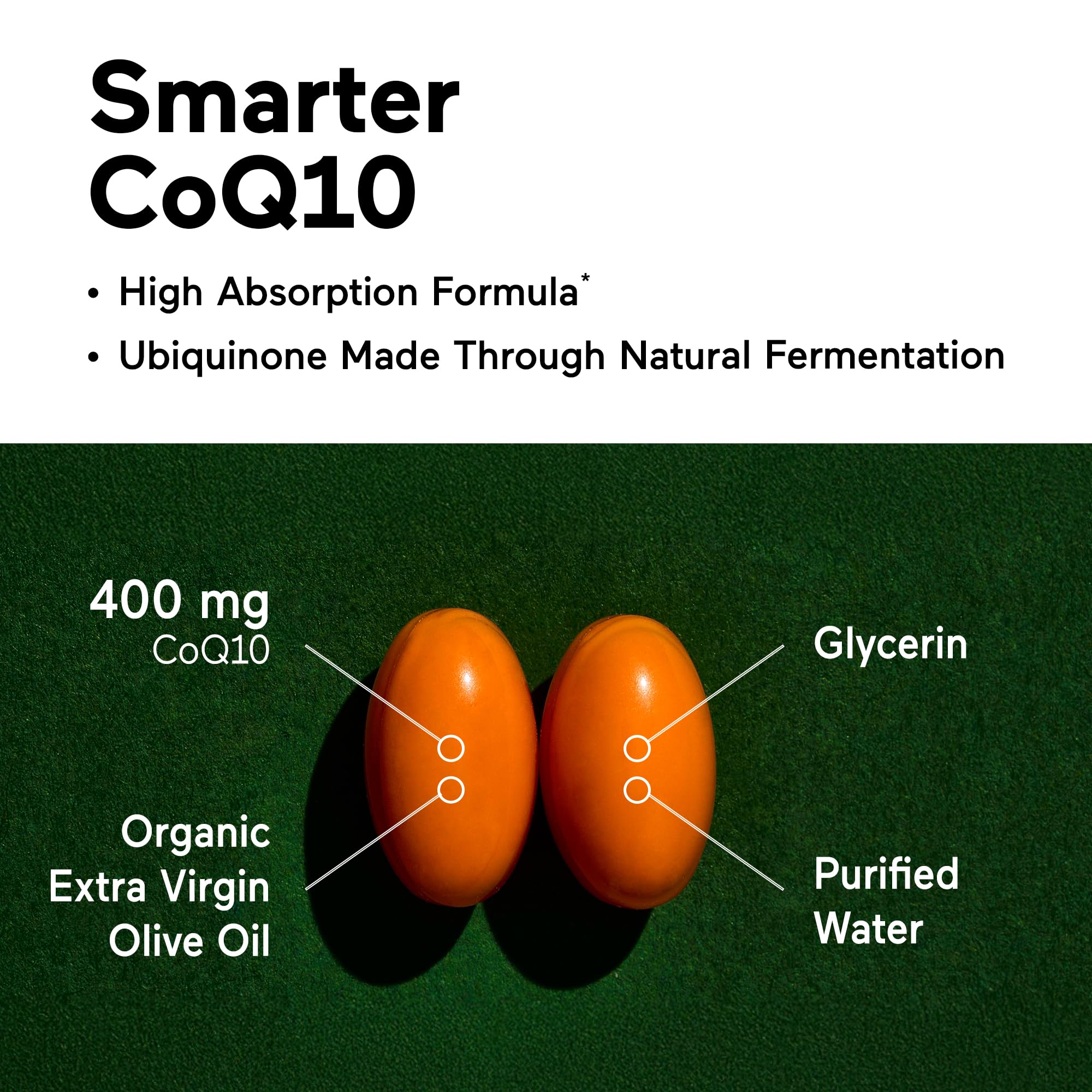 SMARTERNUTRITION CoQ10 label close-up highlighting non-GMO and gluten-free features