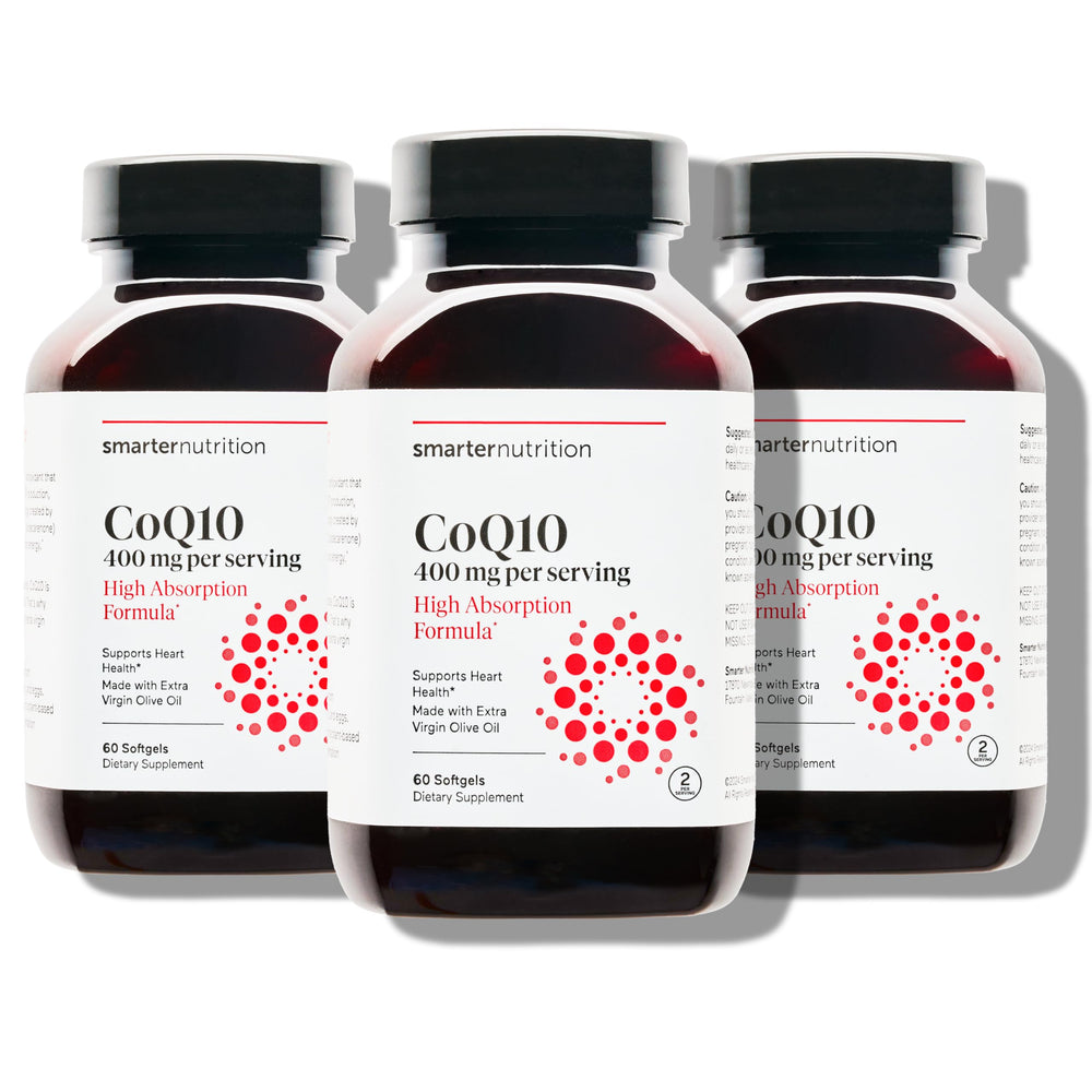 SMARTERNUTRITION CoQ10 400mg softgel bottle with olive oil delivery for enhanced absorption