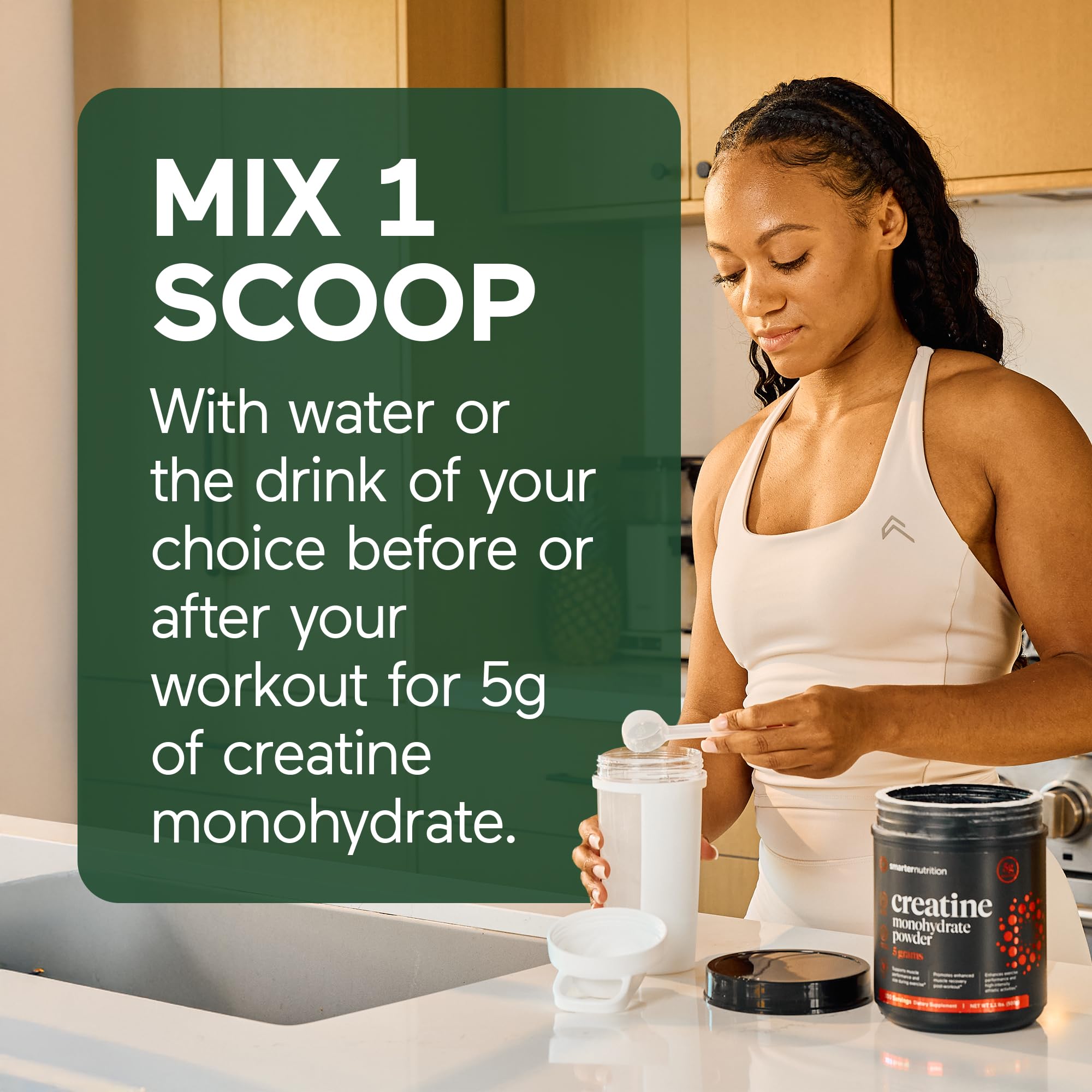SMARTERNUTRITION creatine monohydrate powder in an athlete pre-workout setup.