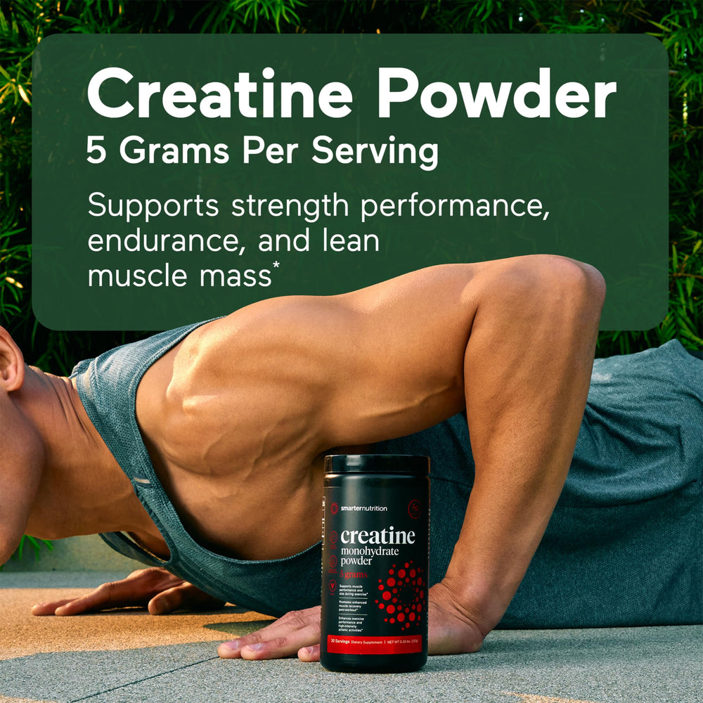 SMARTERNUTRITION creatine powder scoop showing 5g serving for workouts.