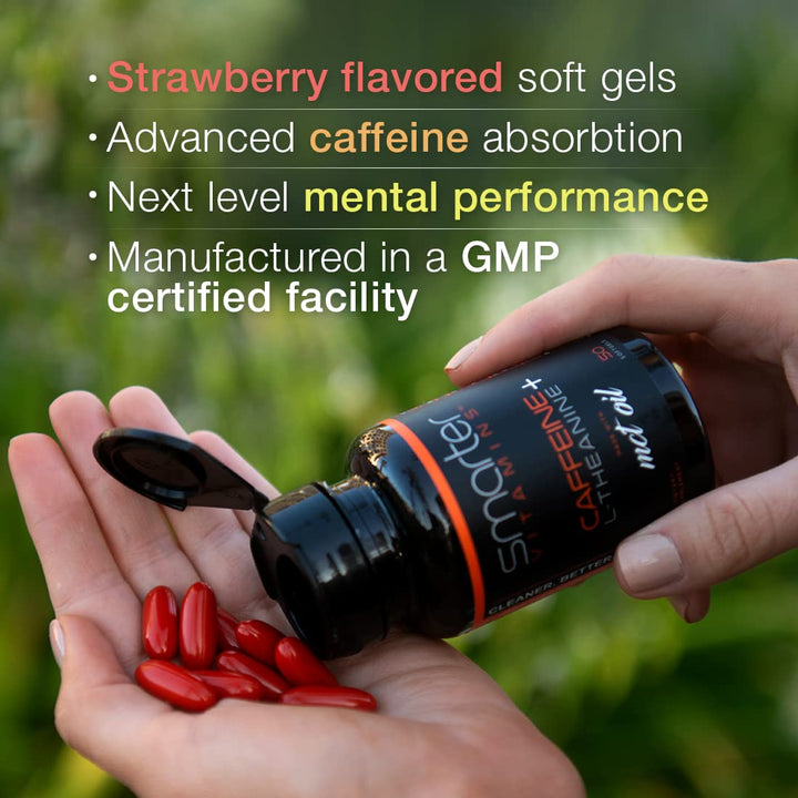SmarterVitamins 200mg caffeine pill close-up for focused daytime use.
