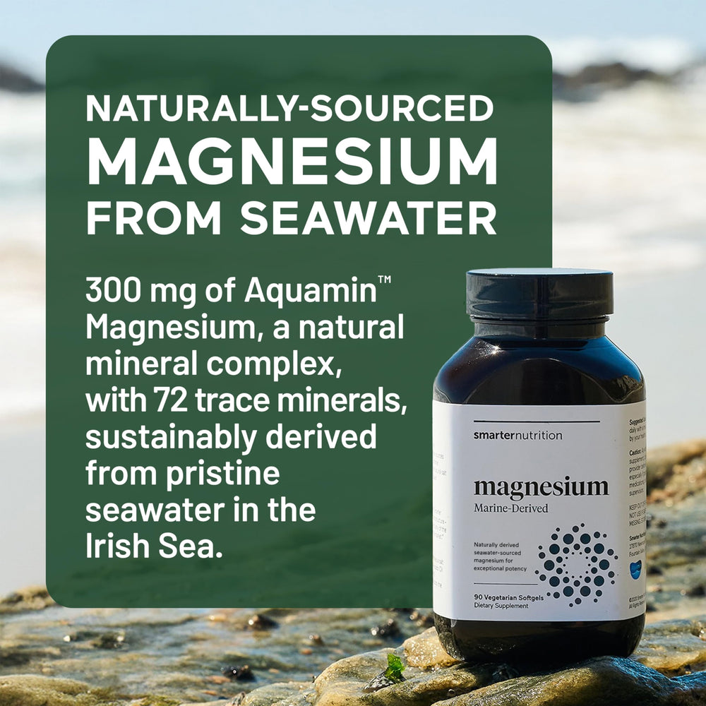 SMARTERNUTRITION Smarter Marine Magnesium capsules pour shows easy-to-swallow softgels for ongoing use.
