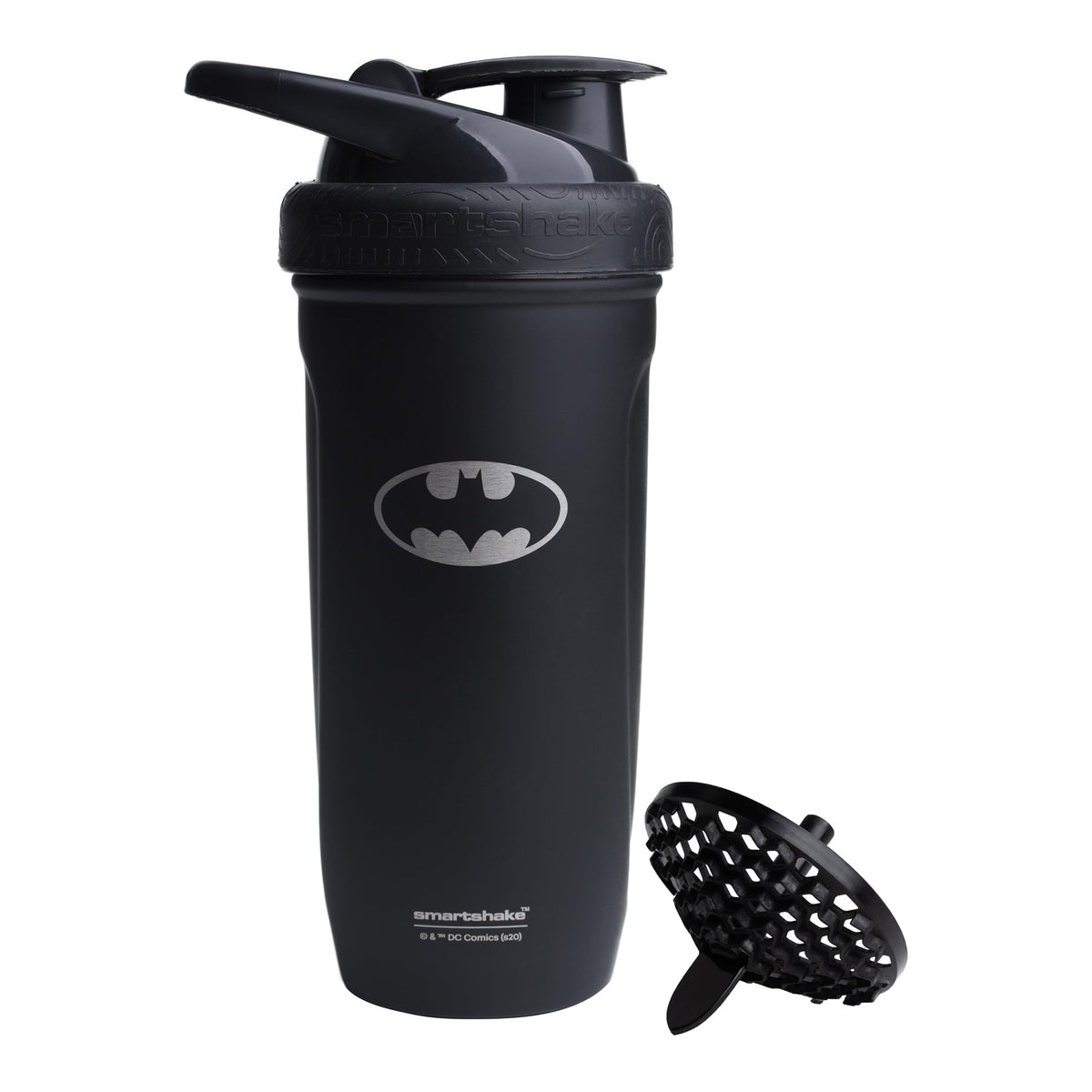 Smartshake Batman bottle close-up highlighting durable stainless steel for reliable daily hydration.