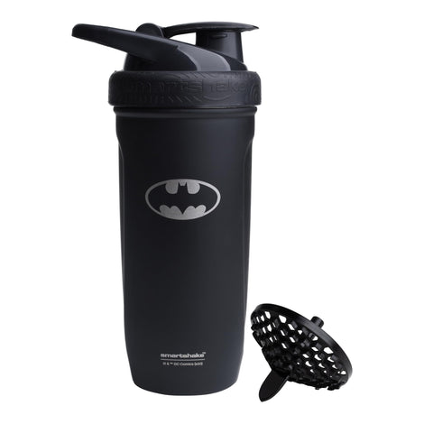 Smartshake Batman bottle close-up highlighting durable stainless steel for reliable daily hydration.