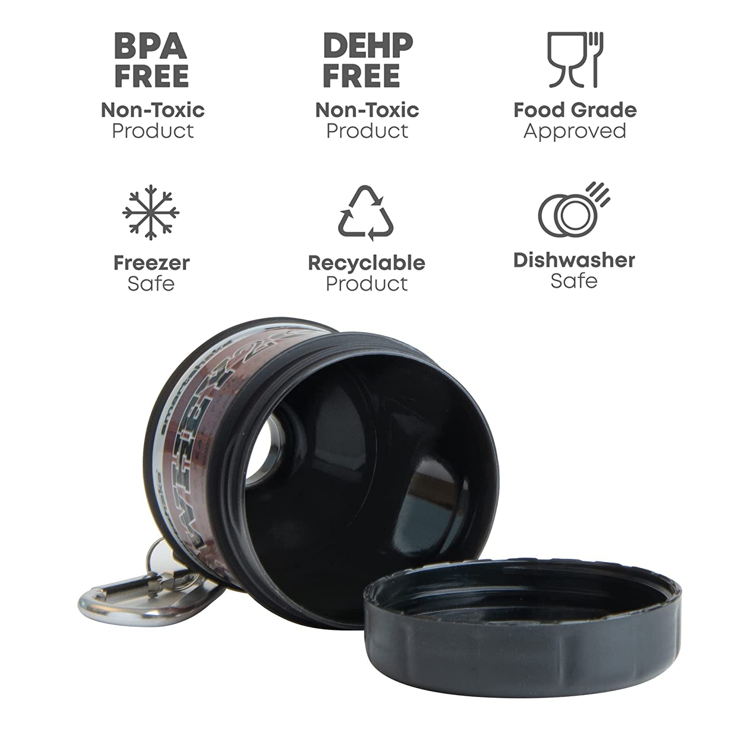 Smartshake Whey2Go clip-on carabiner attached to gym bag for quick access