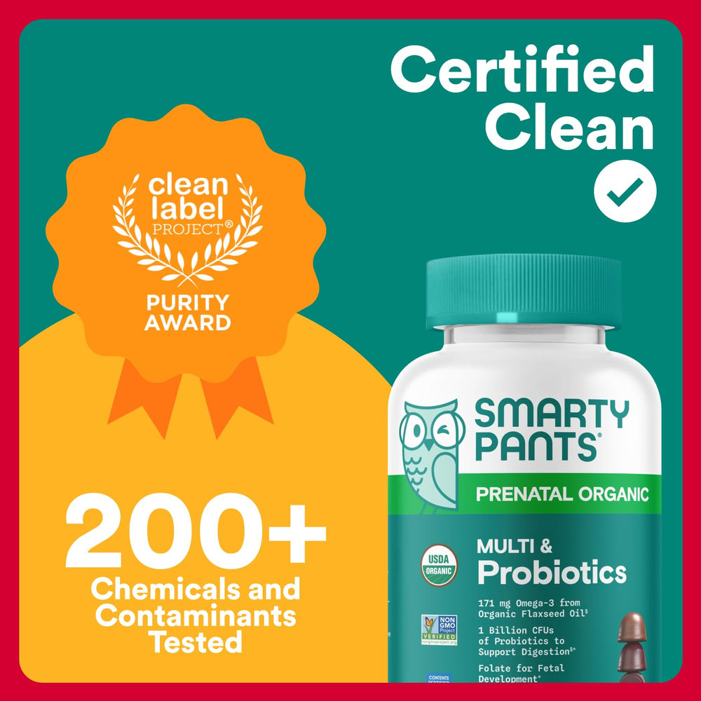 Organic label on SmartyPants Prenatal Gummies emphasizes clean ingredients
