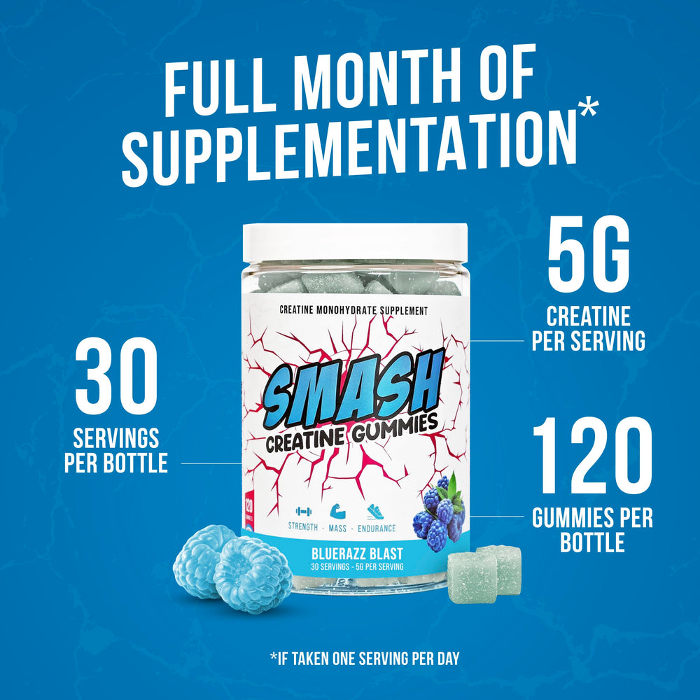 Smash Creatine Gummies packaging with active lifestyle imagery