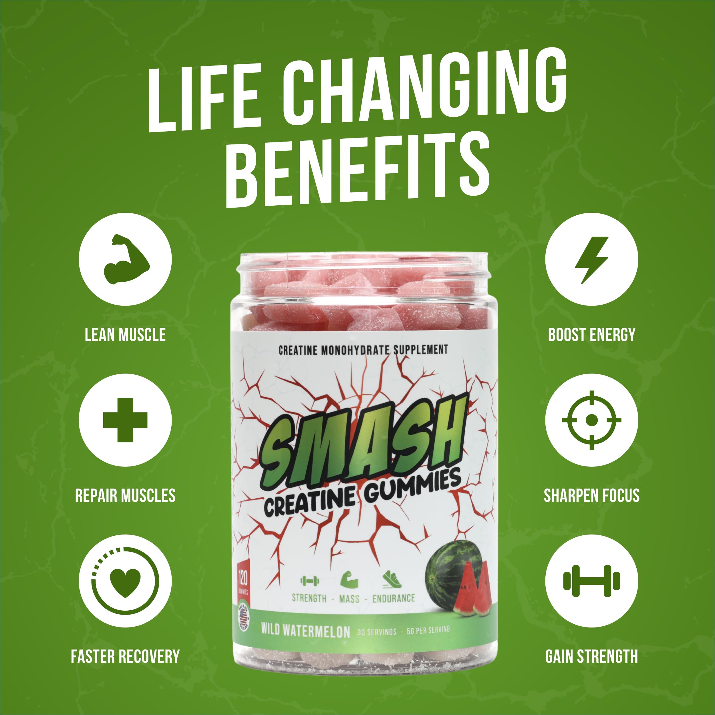 Smash Creatine Gummies strawberry bottle highlighting flavor variety for post-workout