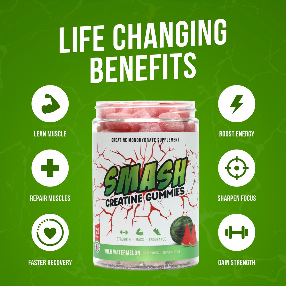 Smash Creatine Gummies strawberry bottle highlighting flavor variety for post-workout