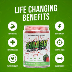 Smash Creatine Gummies strawberry bottle highlighting flavor variety for post-workout