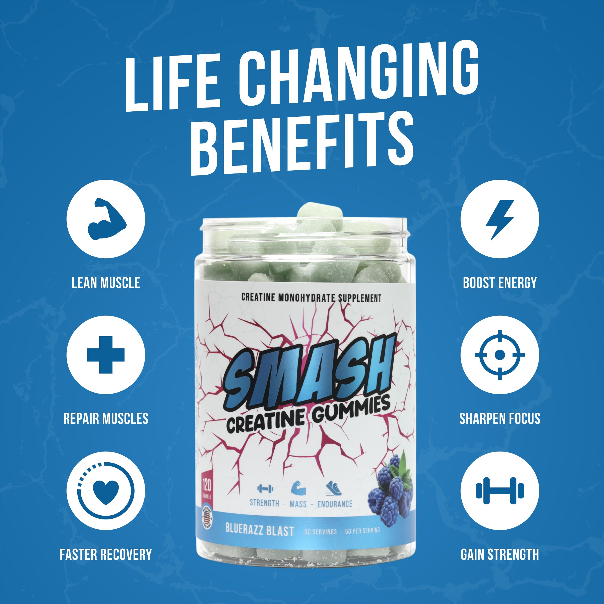 Smash Creatine Gummies strawberry flavor bottle for convenient daily use