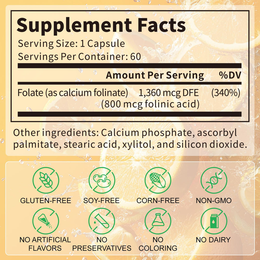 Capsules close-up showing easy-absorb folinic acid for gentle energy
