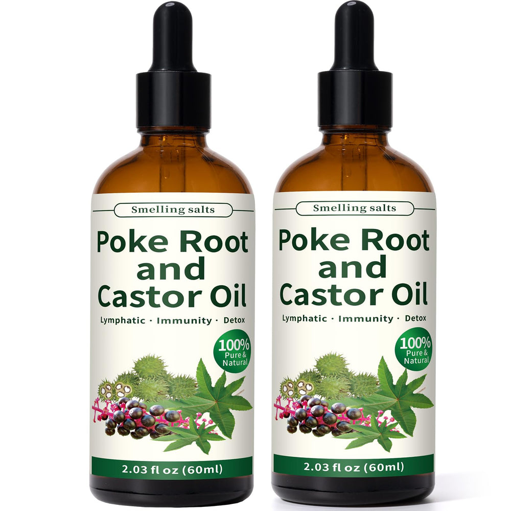Smelling salts poke-root-castor-oil bottle front highlighting organic blend for lymphatic support.