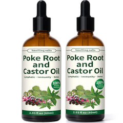 Smelling salts poke-root-castor-oil bottle front highlighting organic blend for lymphatic support.