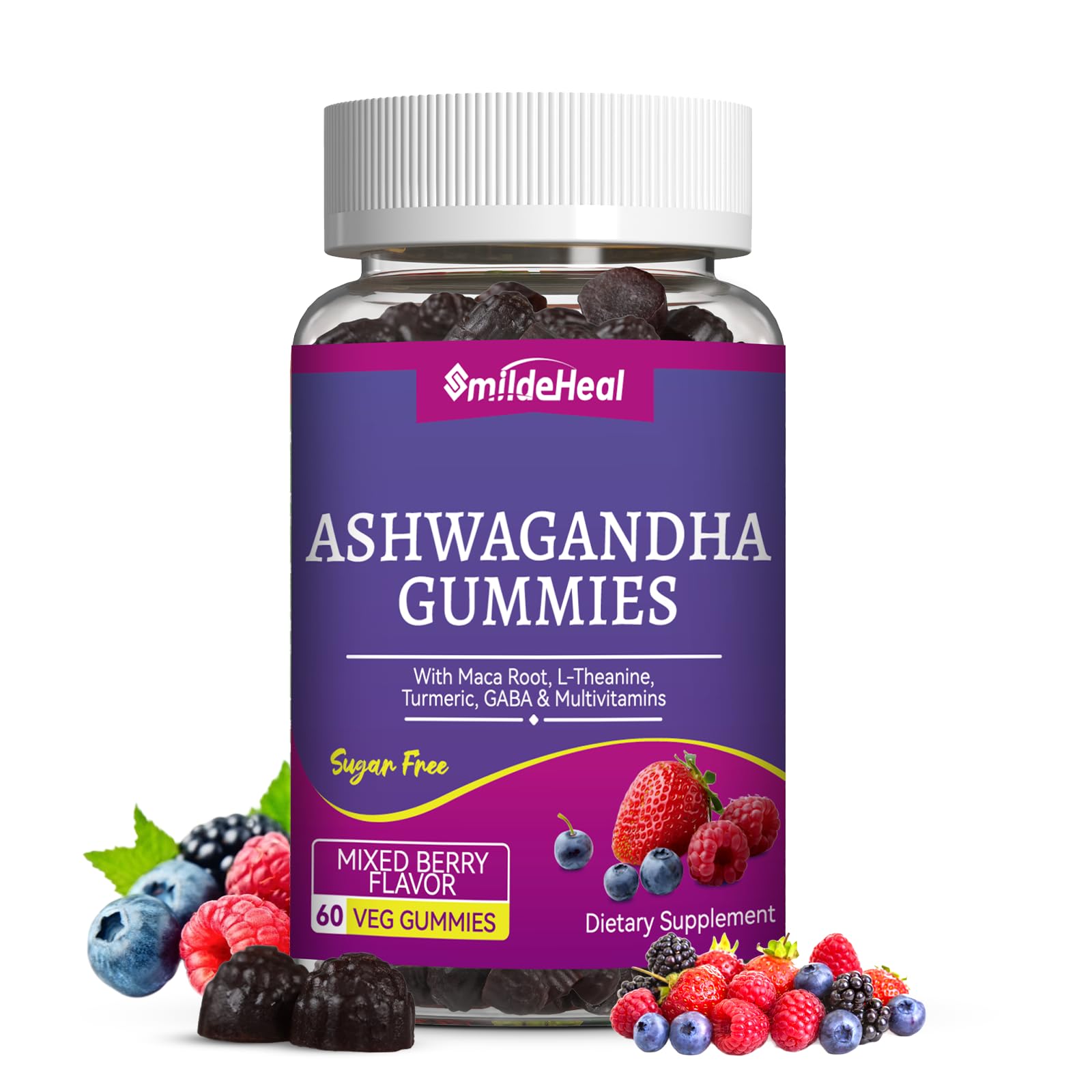 SmildeHeal Ashwagandha gummies bottle highlighting berry flavor and stress support potential.