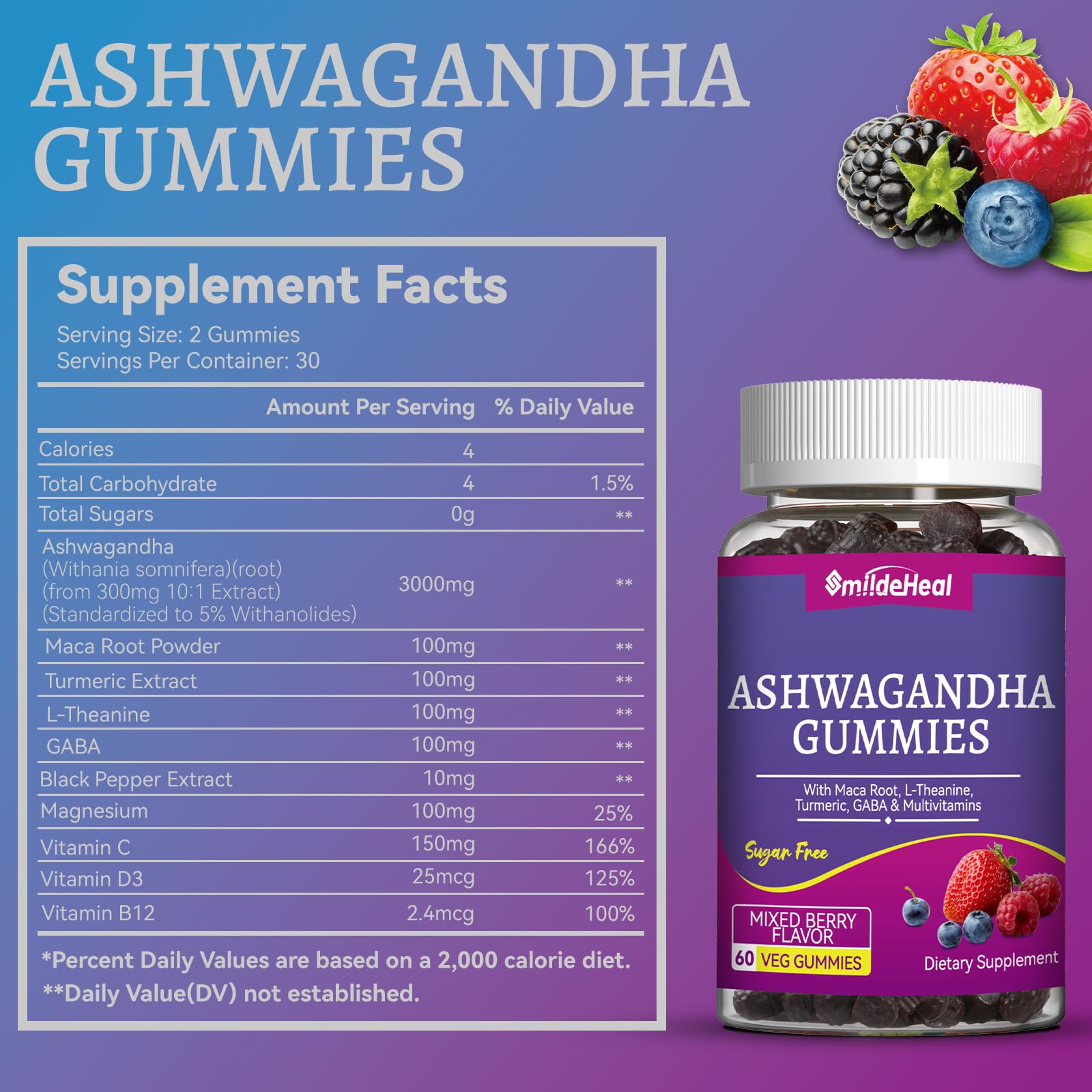 SmildeHeal ashwagandha gummies closeup showing chewy texture and berry flavor.