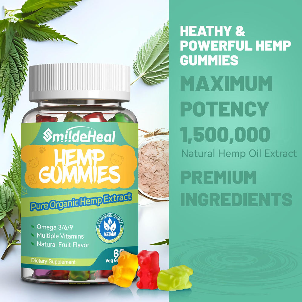 SmildeHeal hemp gummies bottle label closeup, highlighting organic ingredients.