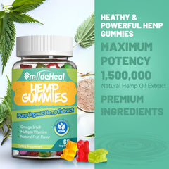 SmildeHeal hemp gummies bottle label closeup, highlighting organic ingredients.