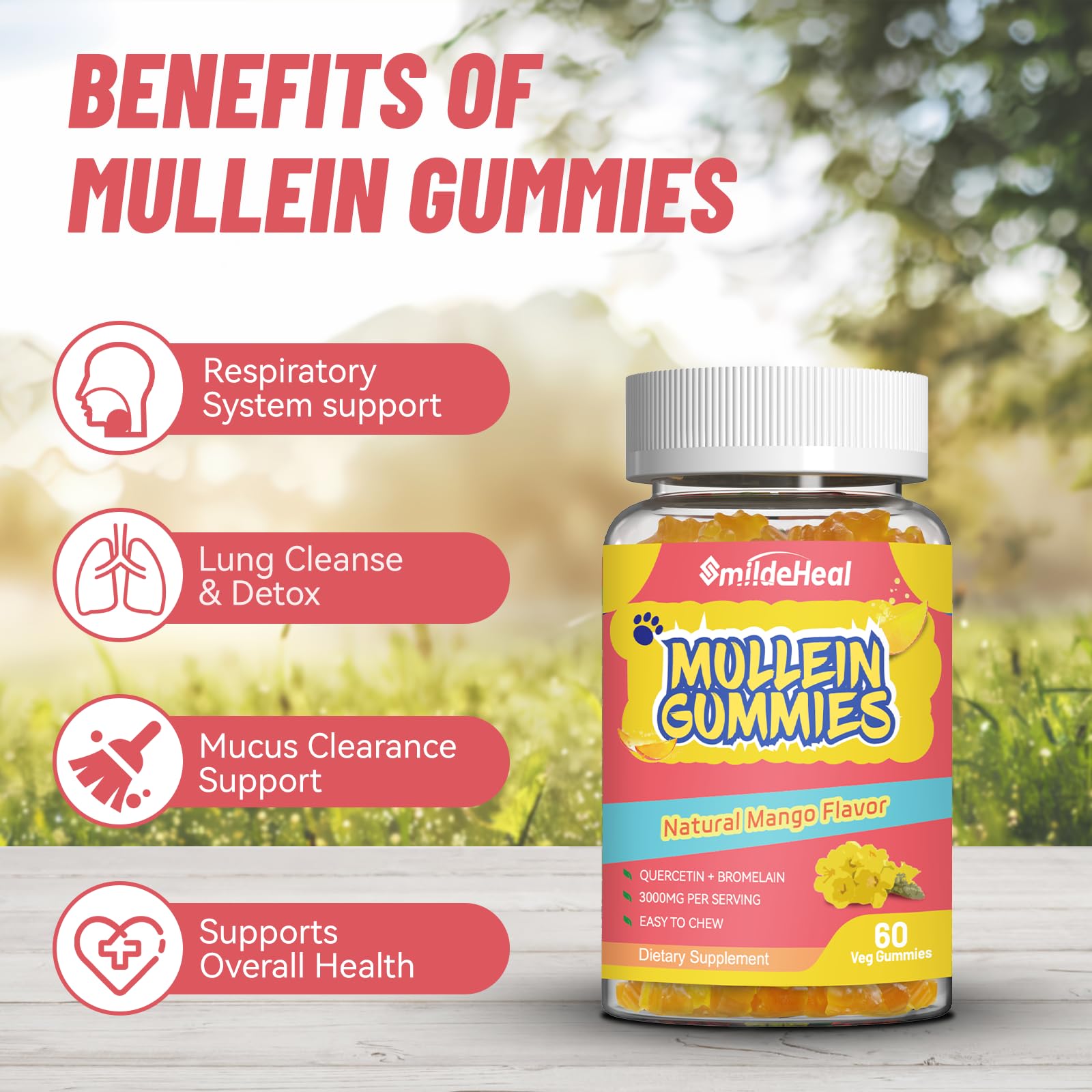 Bromelain and quercetin ingredients highlighted on SmildeHeal bottle