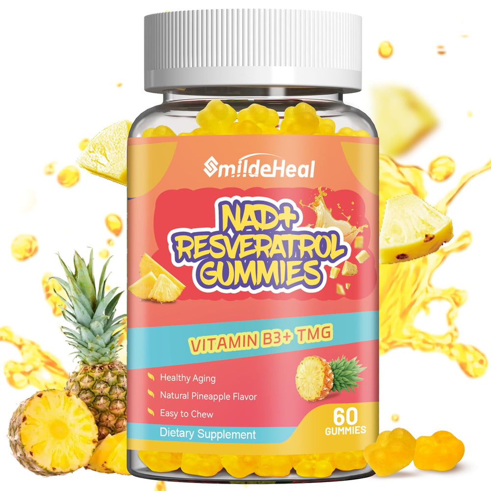 SmildeHeal NAD+ Resveratrol gummies bottle for daily energy.