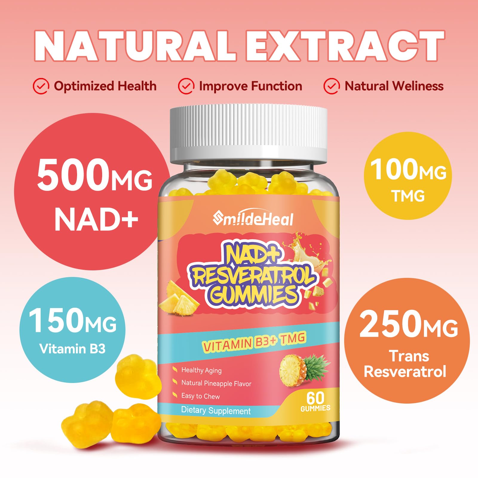 SmildeHeal NAD+ Resveratrol gummies nutrition label visible.