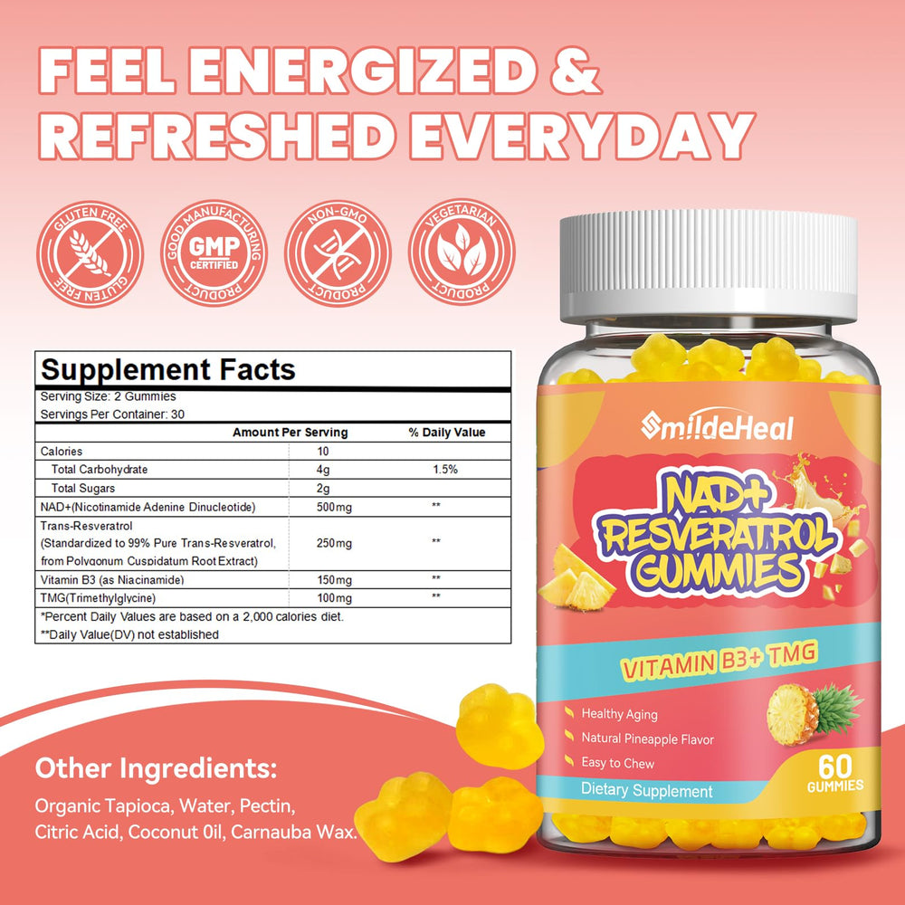 SmildeHeal NAD+ Resveratrol gummies servings ready on plate.