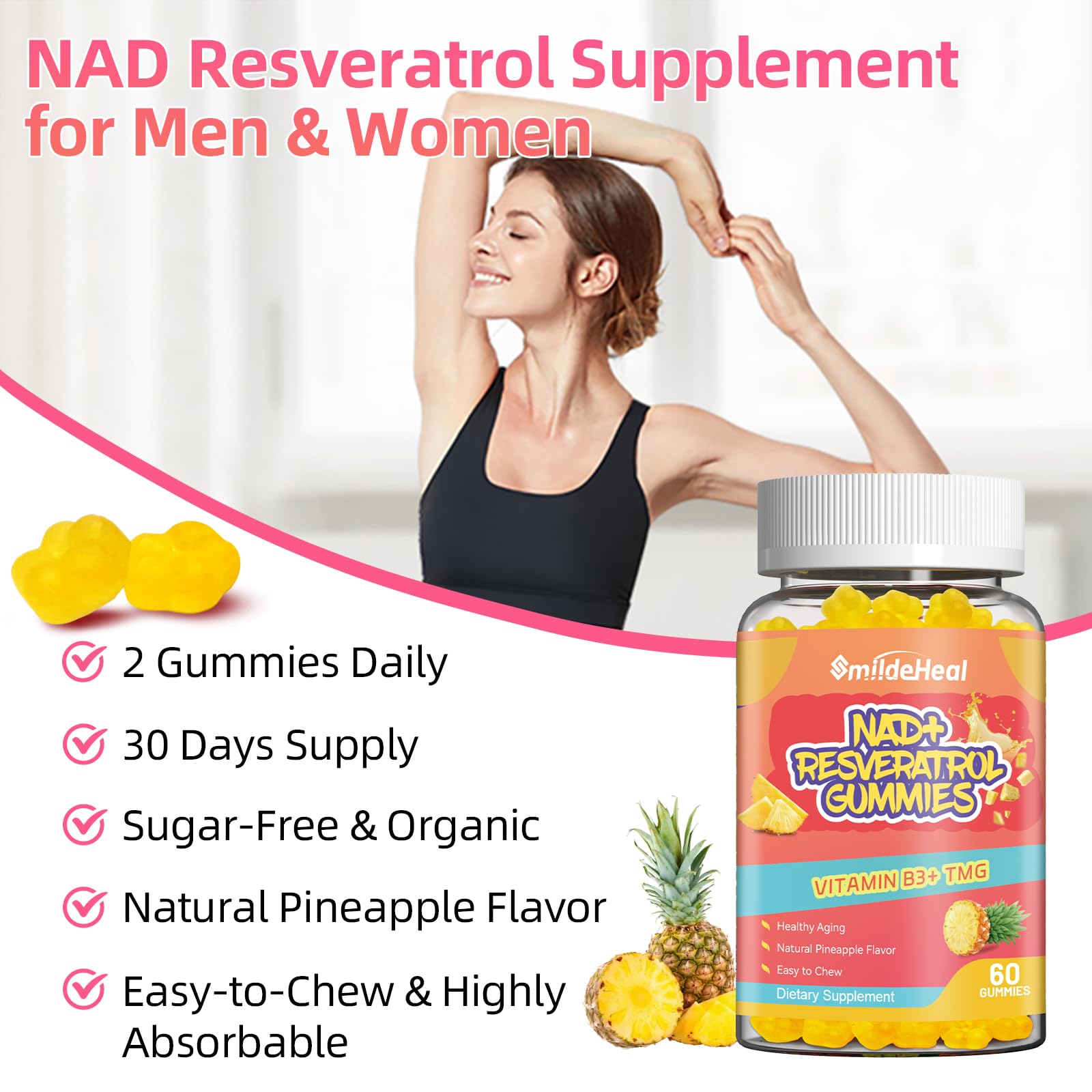 SmildeHeal NAD+ Resveratrol gummies natural pectin chew close-up.