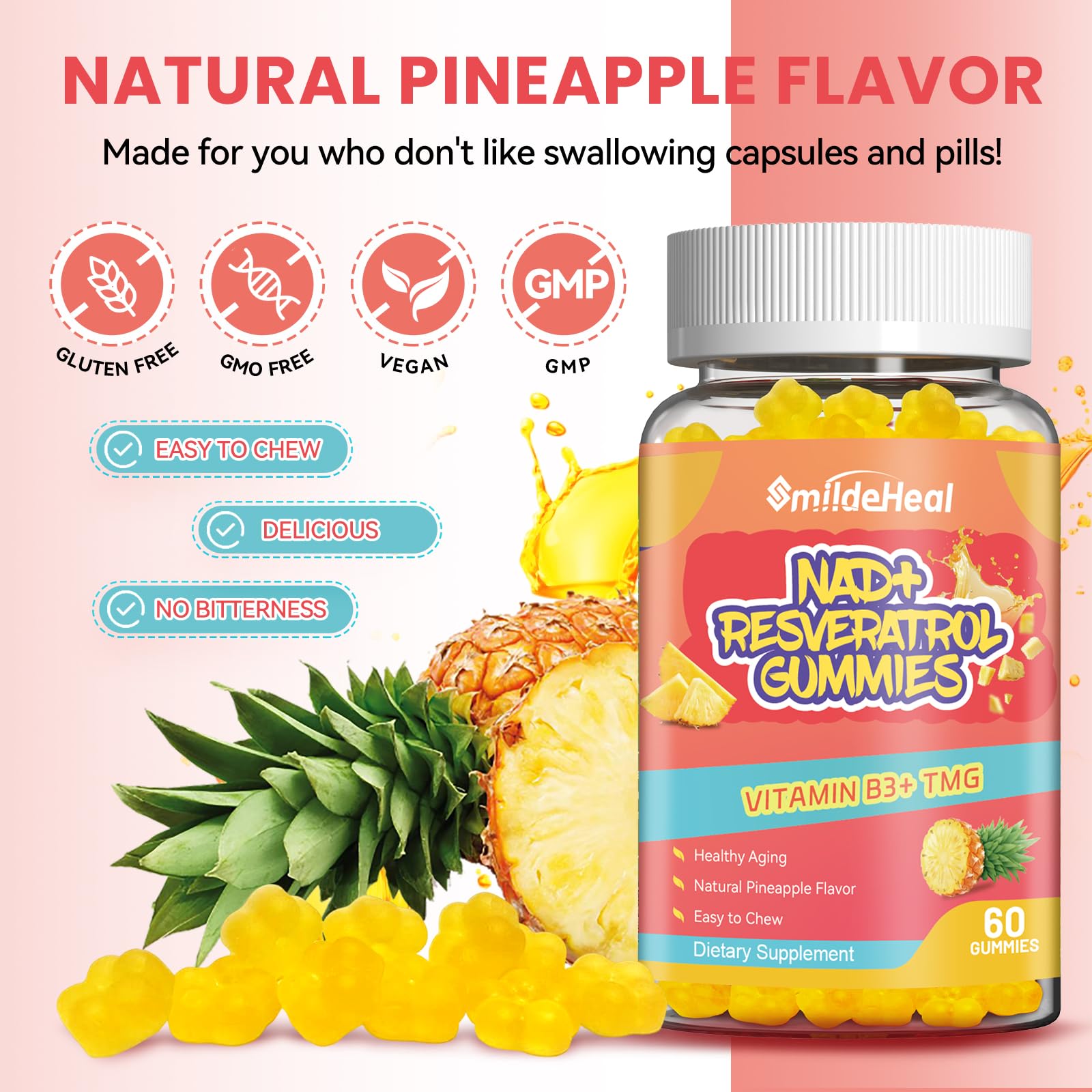 SmildeHeal NAD+ Resveratrol gummies two-serving visual on bottle.