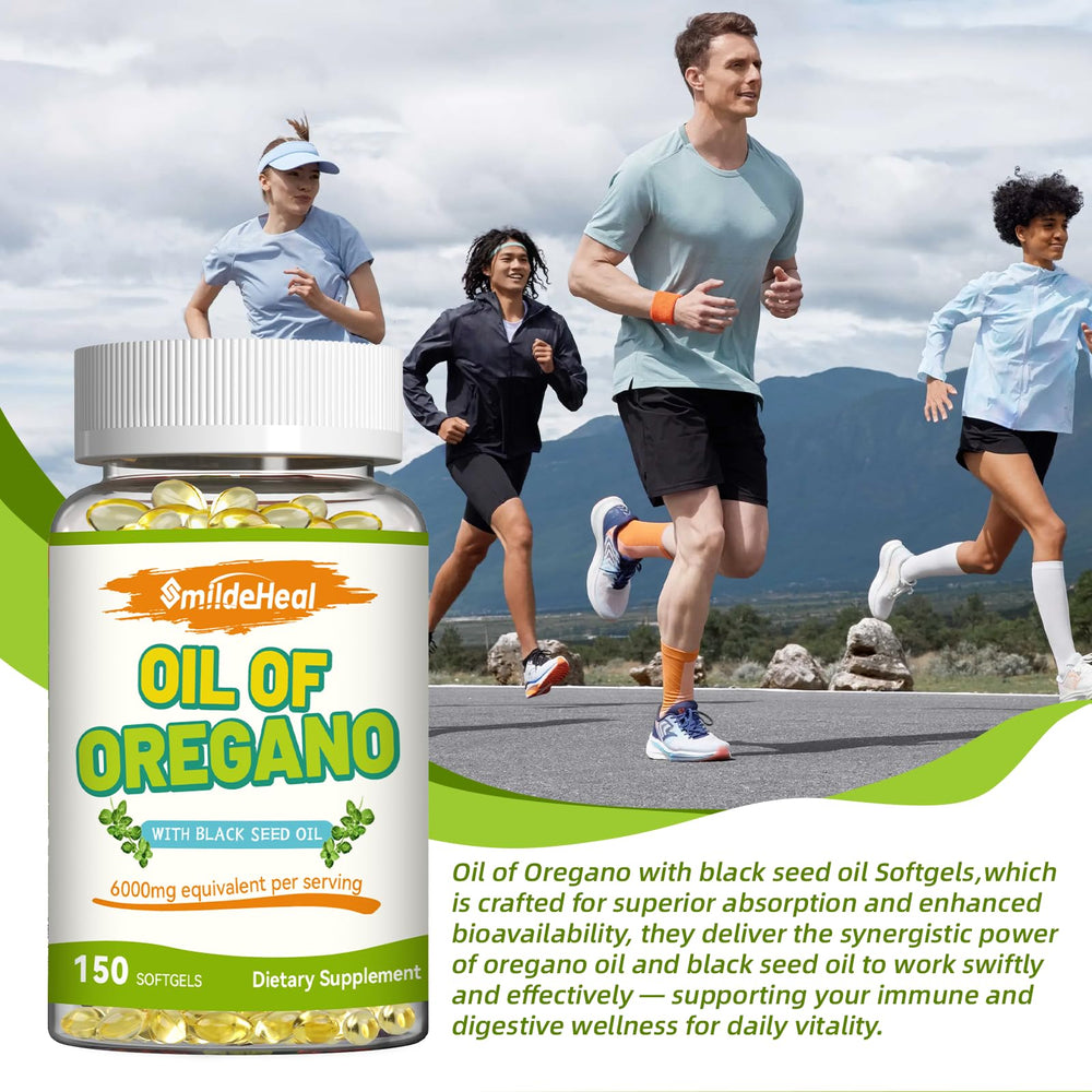 SmildeHeal oregano oil softgels label highlights strength and quality.