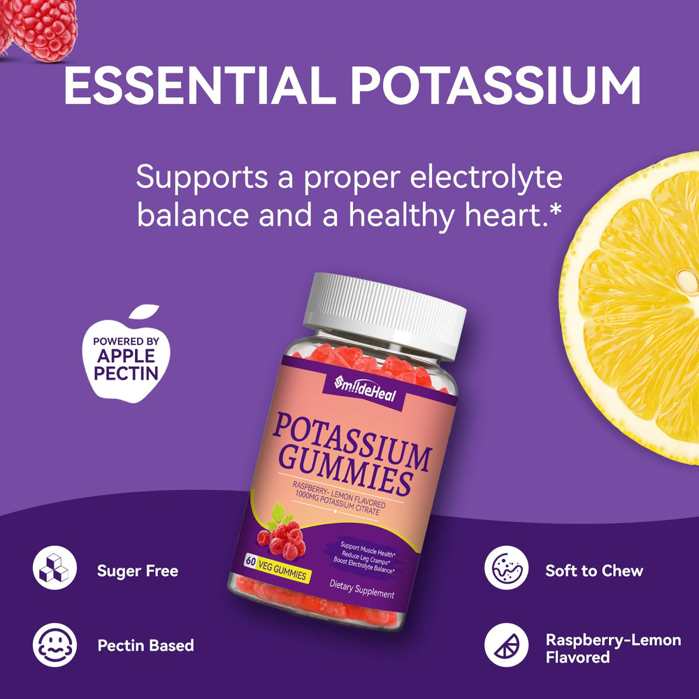 SmildeHeal Potassium Gummies label closeup highlights 1000mg per serving.
