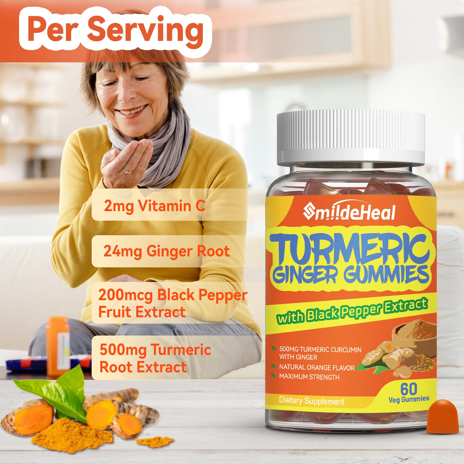SmildeHeal blend of turmeric, ginger, and black pepper supports balanced wellness.