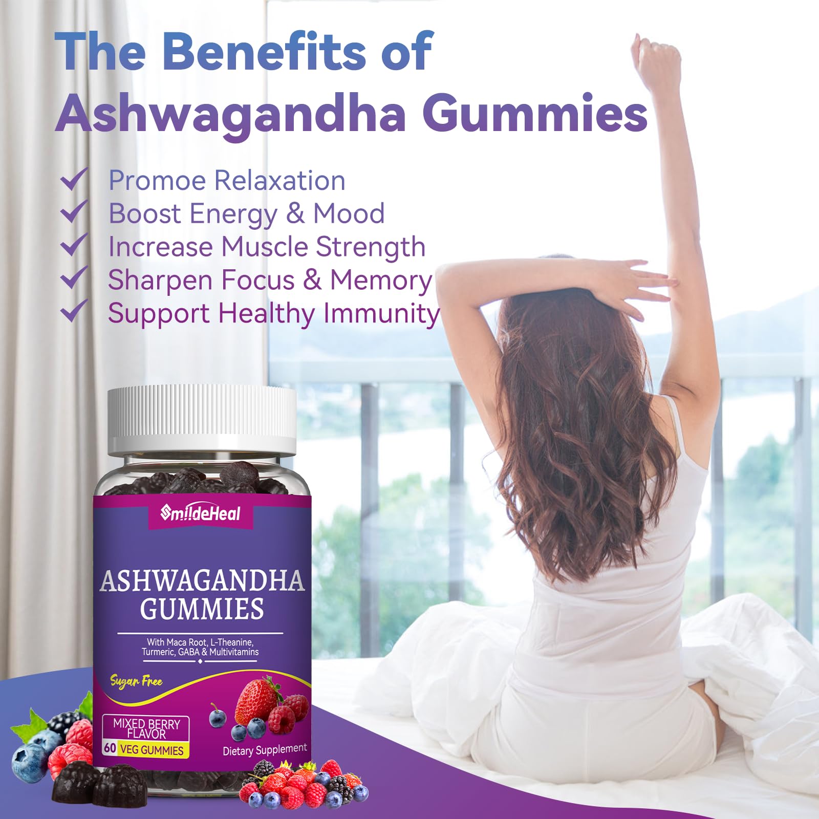 SmildeHeal vegan gummies label closeup highlights clean, plant-based nutrients.