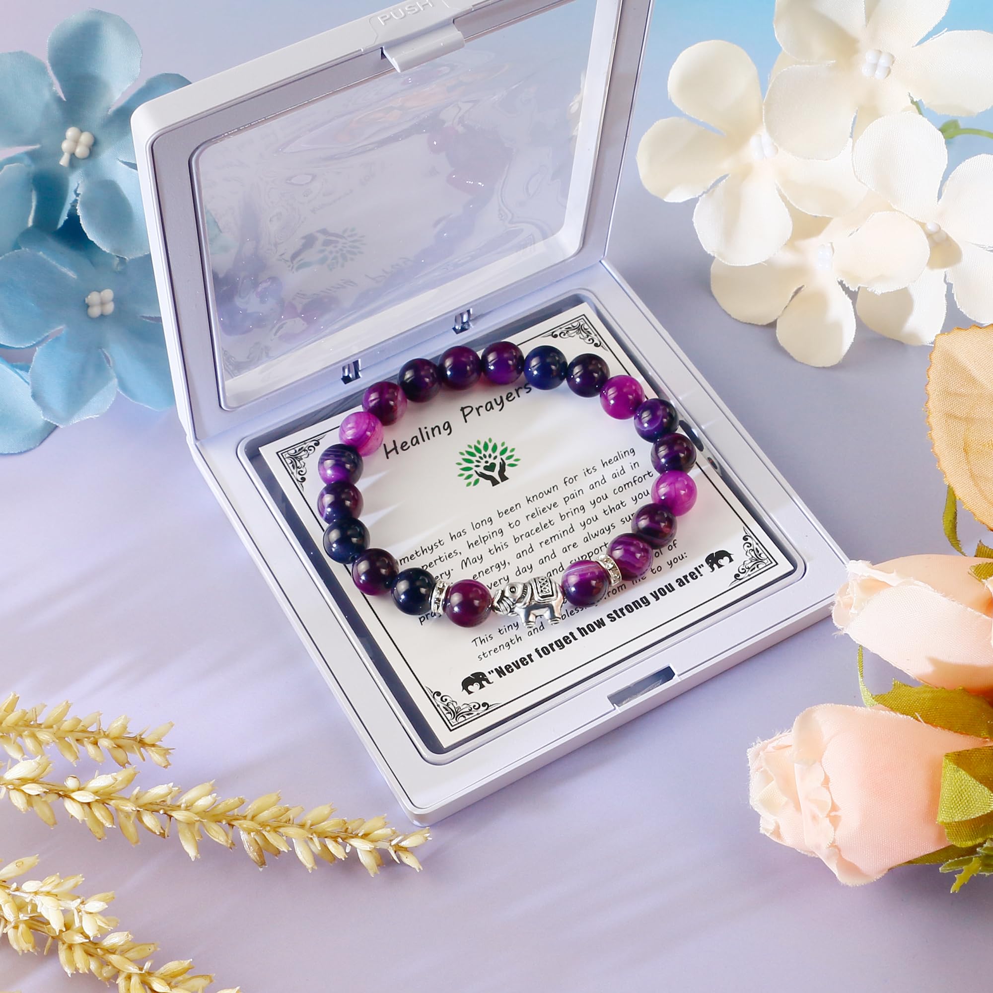 SmileBelle purple bracelet worn by a woman conveying supportive, uplifting vibes