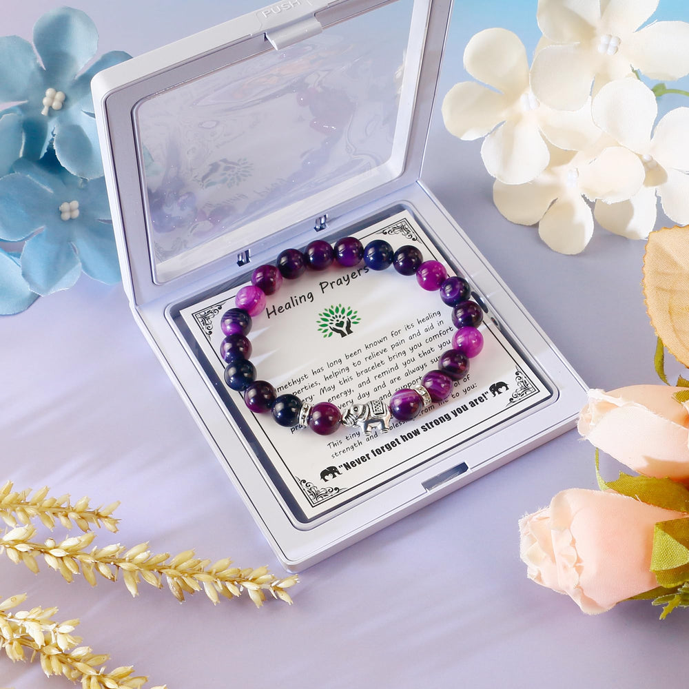 SmileBelle purple bracelet worn by a woman conveying supportive, uplifting vibes