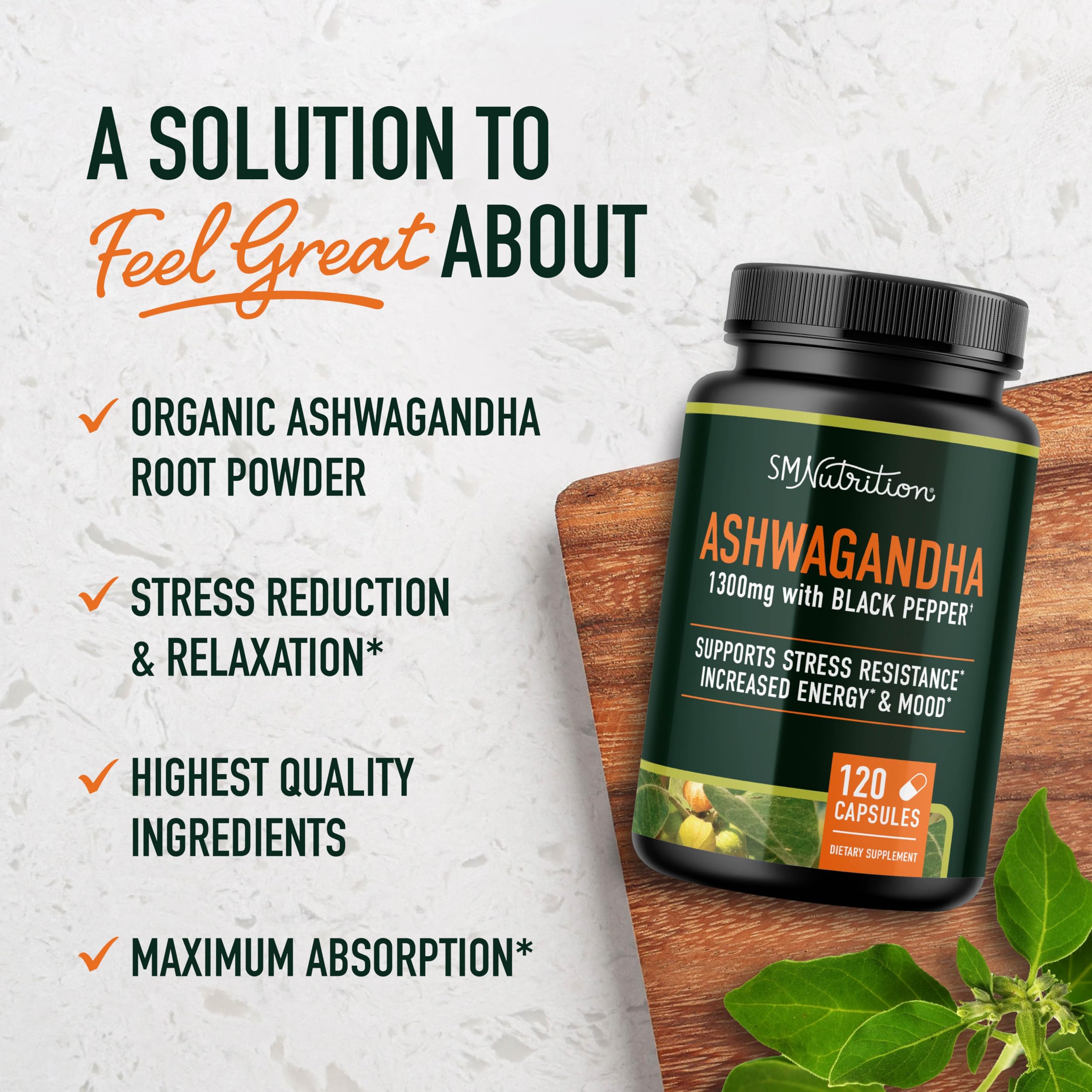 Etiqueta de SMNutrition Ashwagandha 1300 mg, muestra de calidad y raíz orgánica