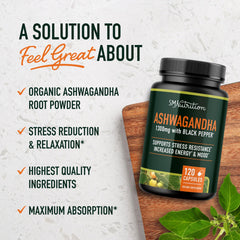 Etiqueta de SMNutrition Ashwagandha 1300 mg, muestra de calidad y raíz orgánica