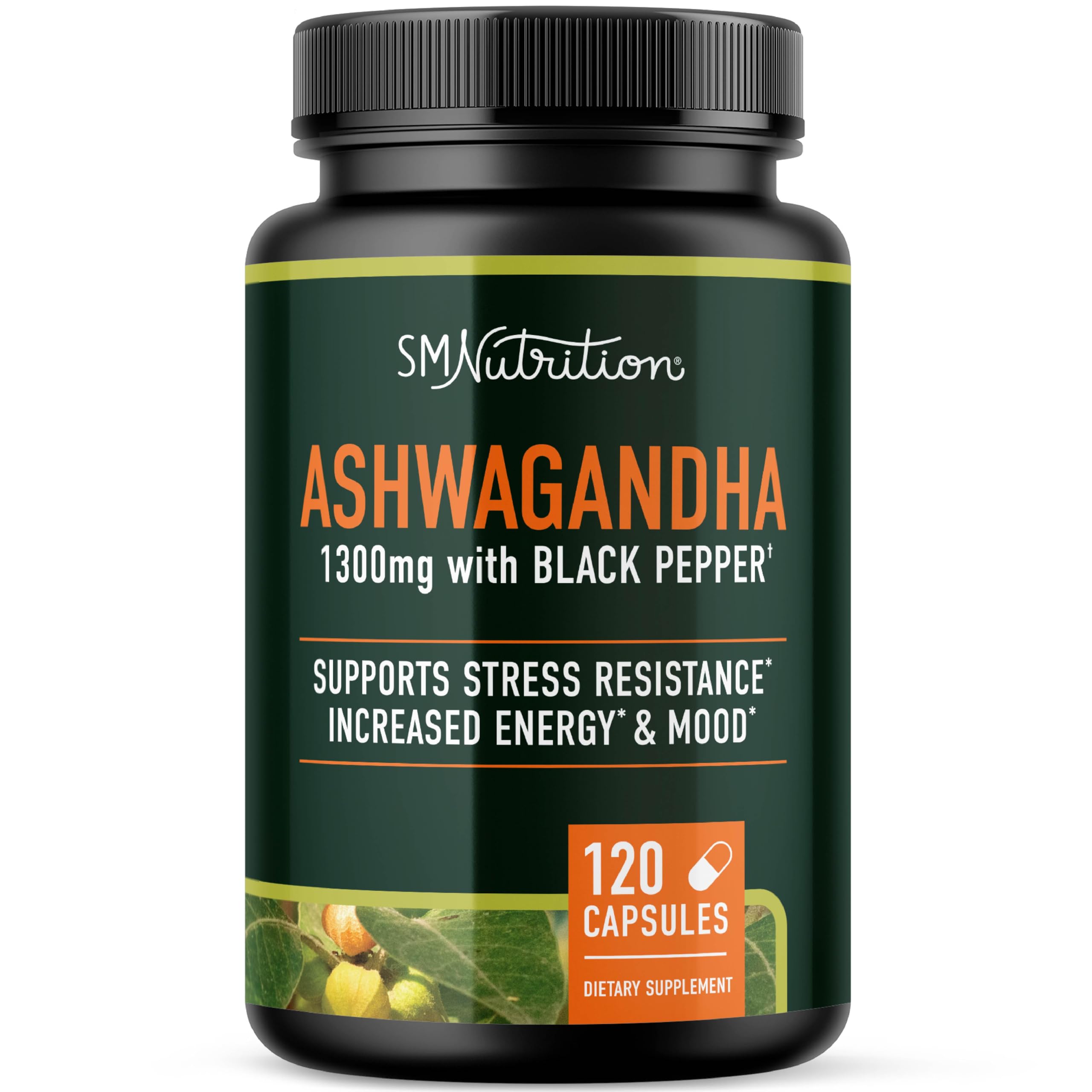 SMNutrition Ashwagandha 1300 mg frente a la botella, posible apoyo al manejo del estrés diario