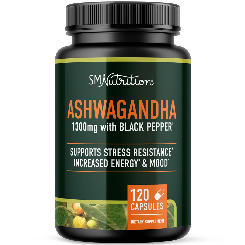 SMNutrition Ashwagandha 1300 mg frente a la botella, posible apoyo al manejo del estrés diario