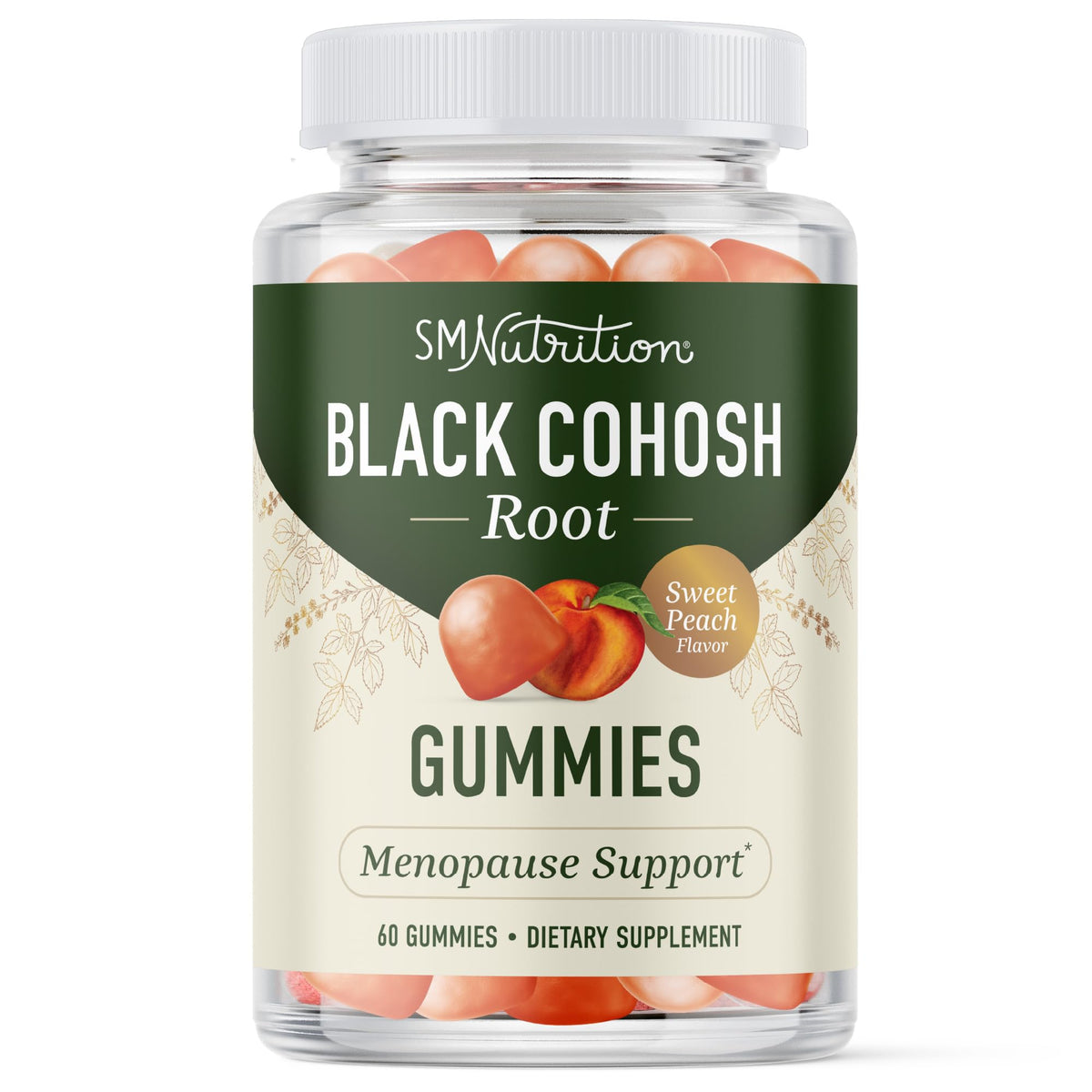 SMNutrition Black Cohosh gummies bottle in peach flavor for daily menopause support.