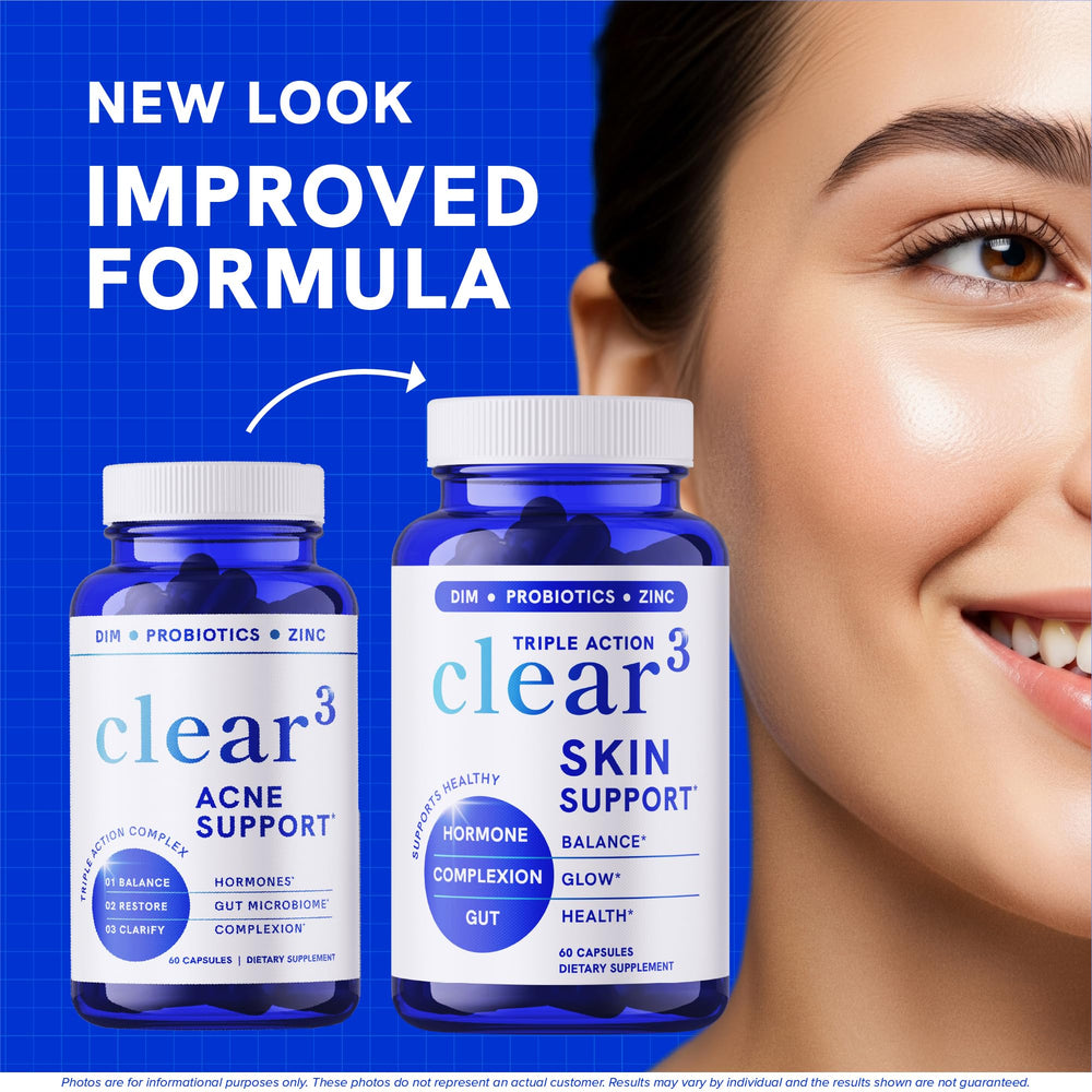 SMNutrition Clear Skin bottle pour demonstrating easy daily supplement use.