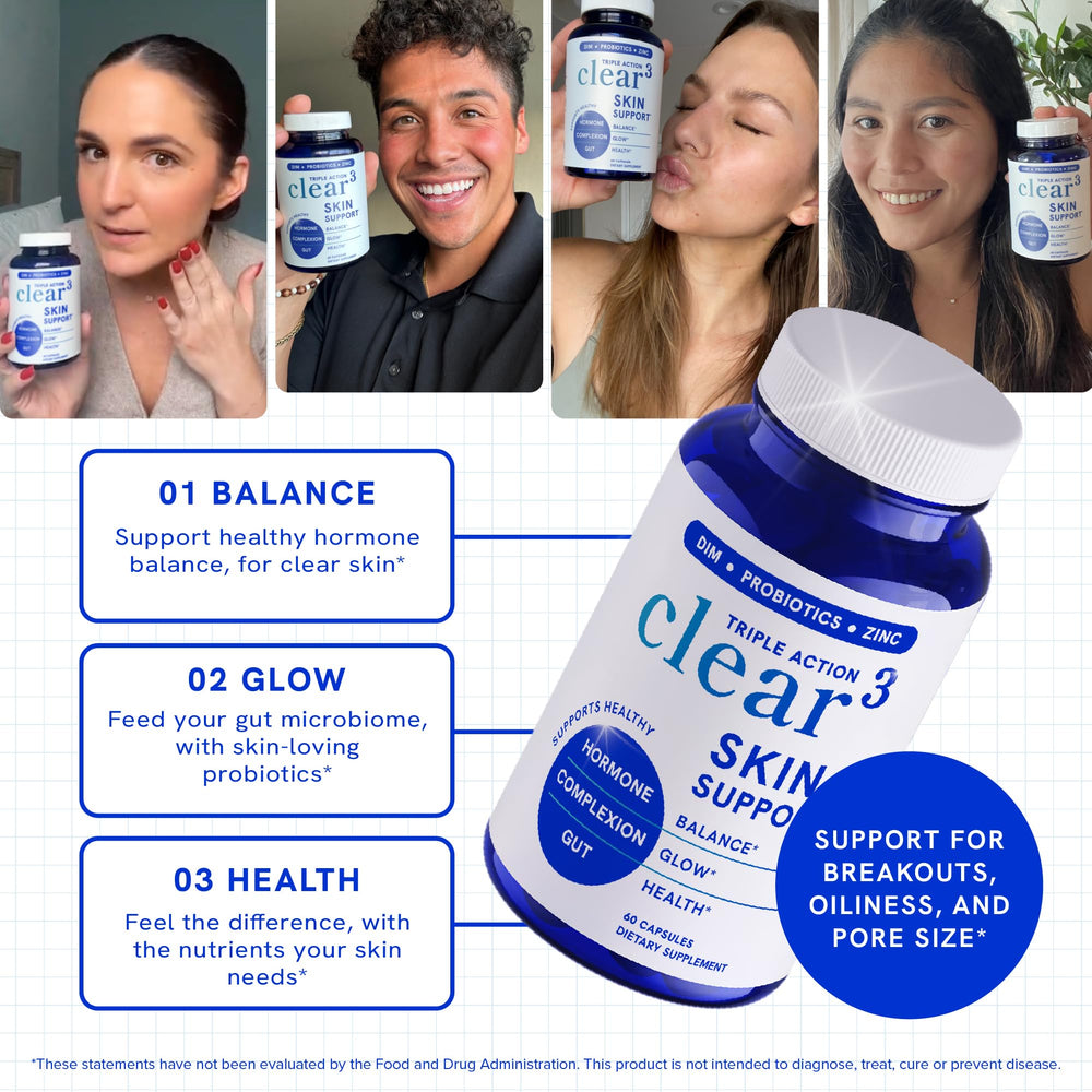 SMNutrition Clear Skin capsules closeup highlighting compact, easy-to-swallow pills.