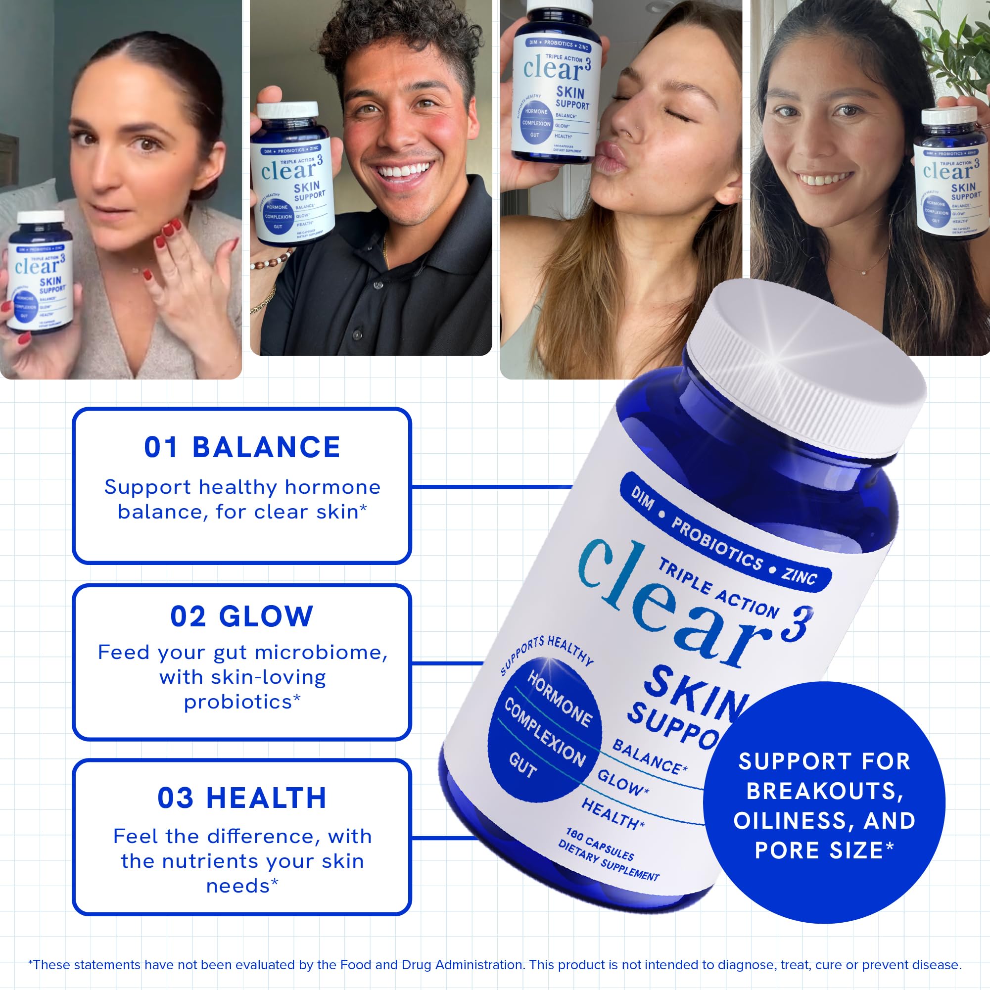 SMNutrition Clear Skin Dim Probiotics 180ct bottle opening reveals capsules