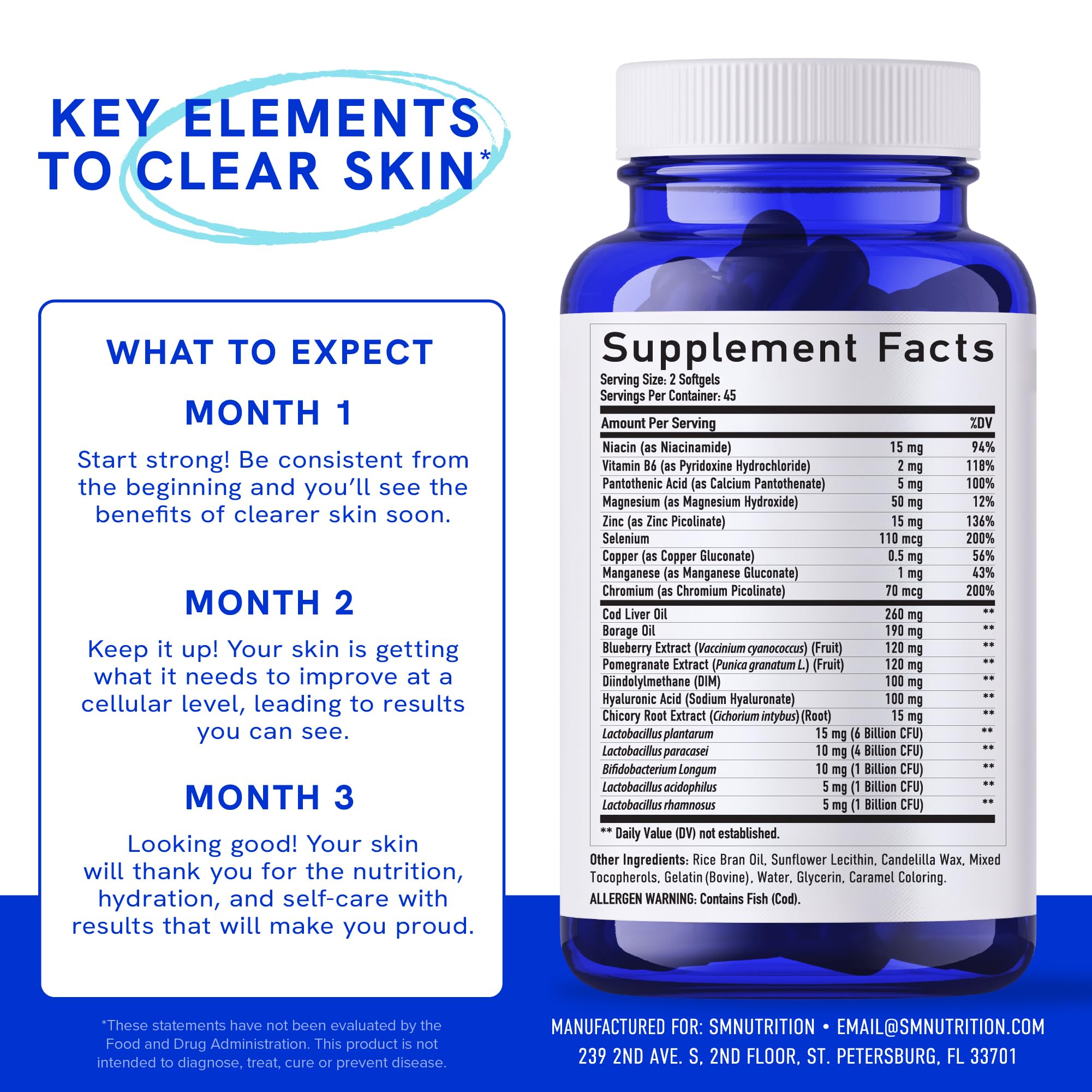 SMNutrition Clear Skin Dim Probiotics 180ct on shelf conveys premium skin support