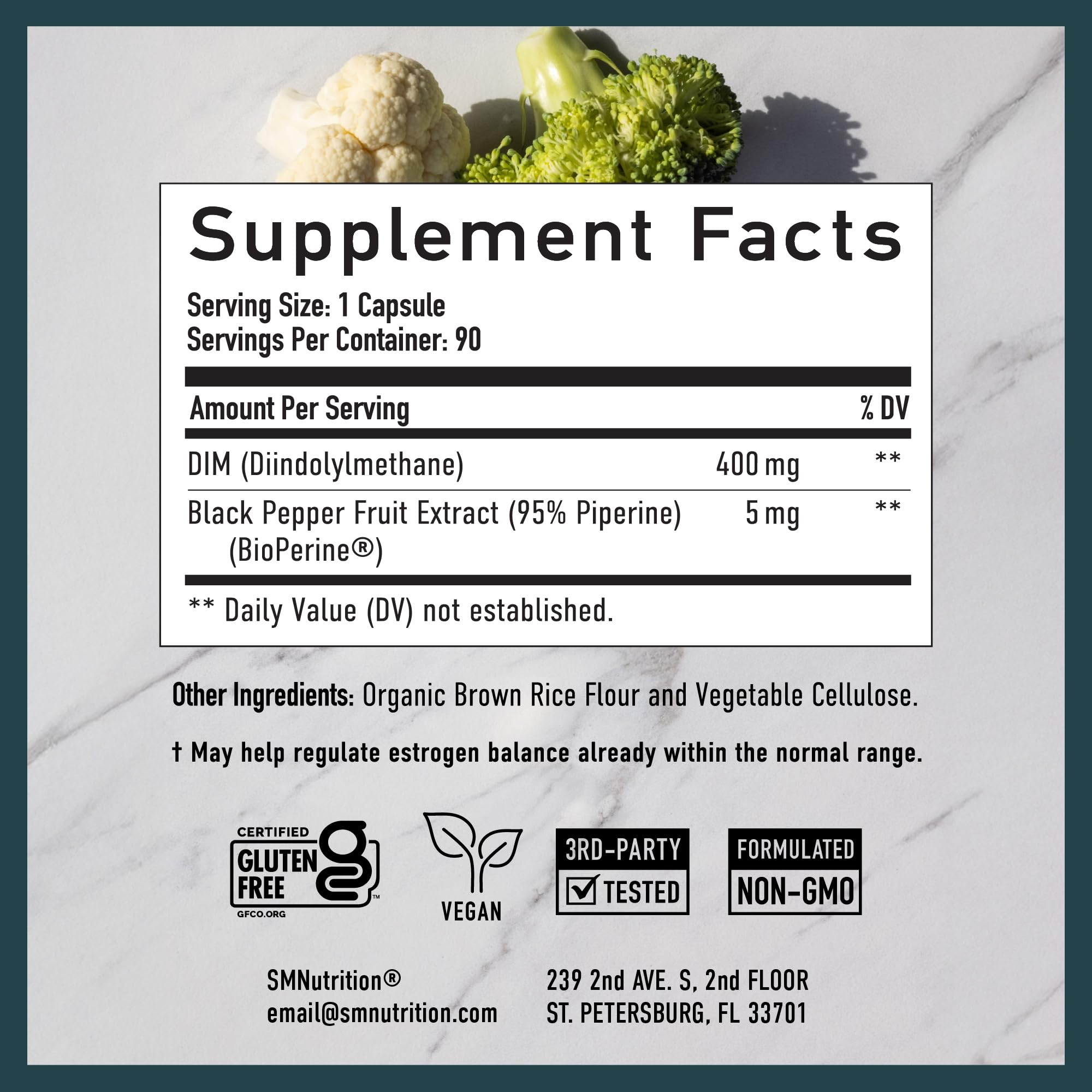 SMNutrition DIM 400mg label detail shows certifications