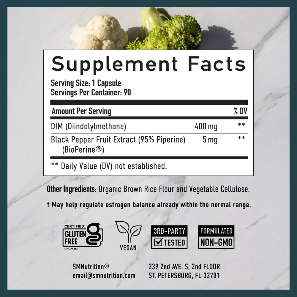 SMNutrition DIM 400mg label detail shows certifications