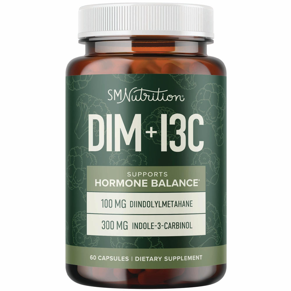 SMNutrition dim-indole-3-carbinol bottle highlights hormone balance support for both women and men.