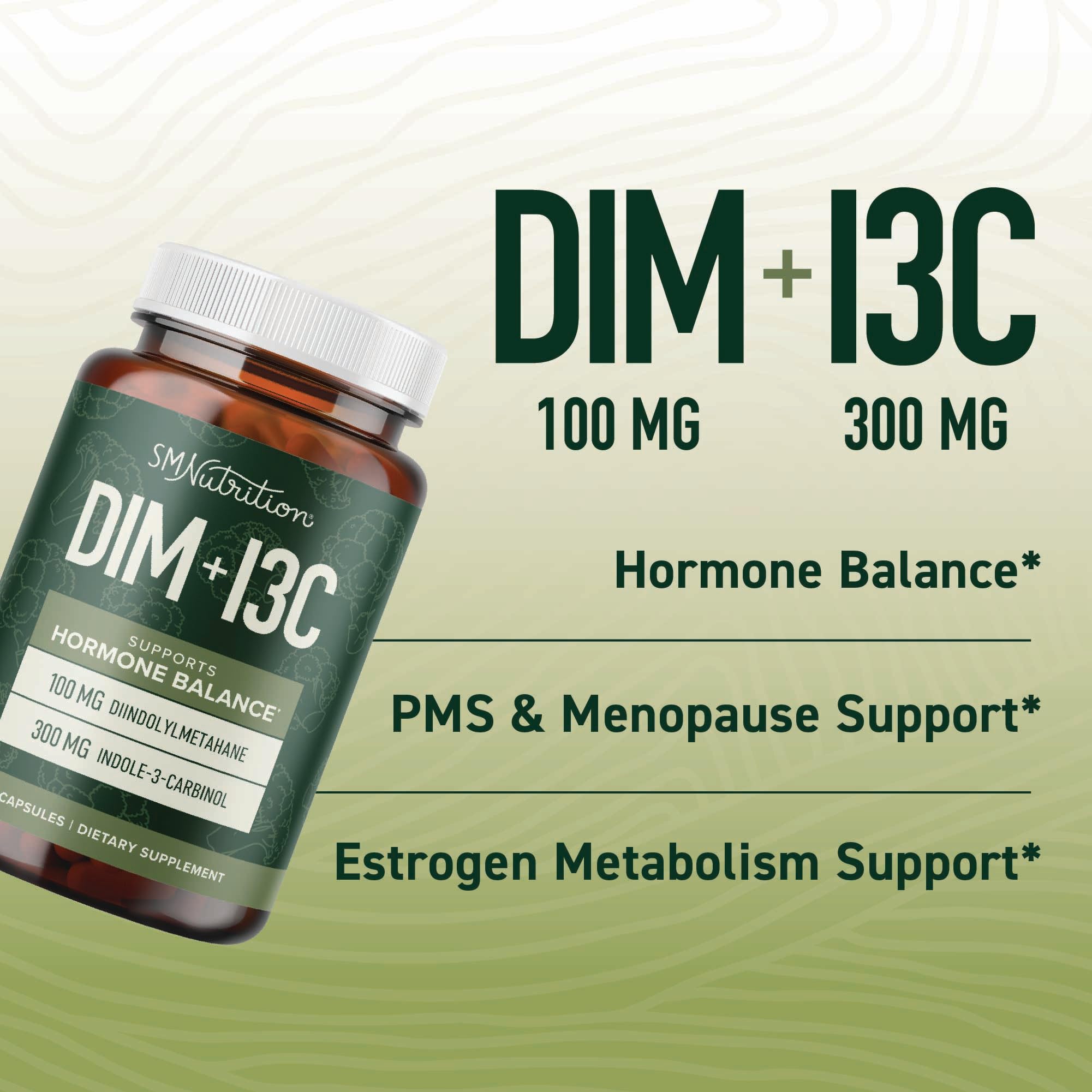 SMNutrition dim-indole-3-carbinol capsules closeup shows smooth-coated pills for daily use.
