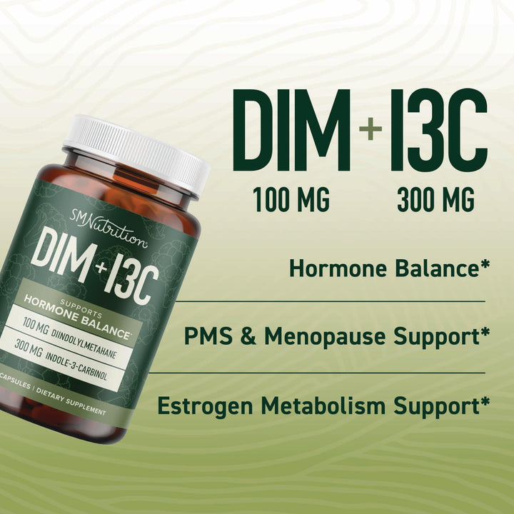 SMNutrition dim-indole-3-carbinol capsules closeup shows smooth-coated pills for daily use.
